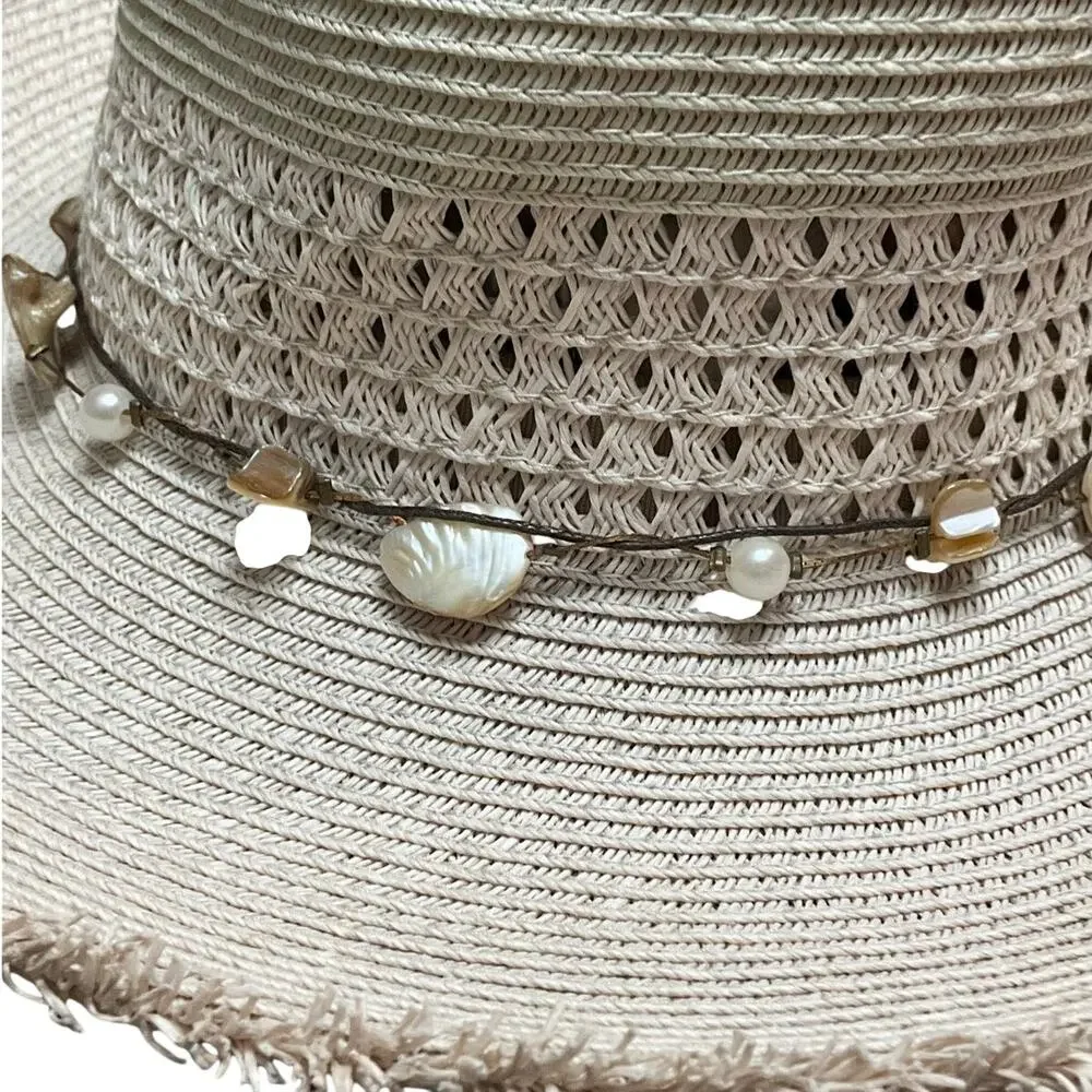 Scala Collezione Sun Beach Fringed Rim Hat Shell Band EUC